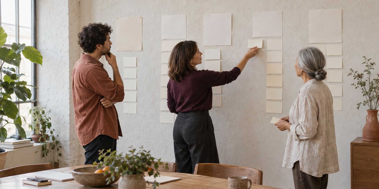 A small team arranging blank cards in columns on a studio wall