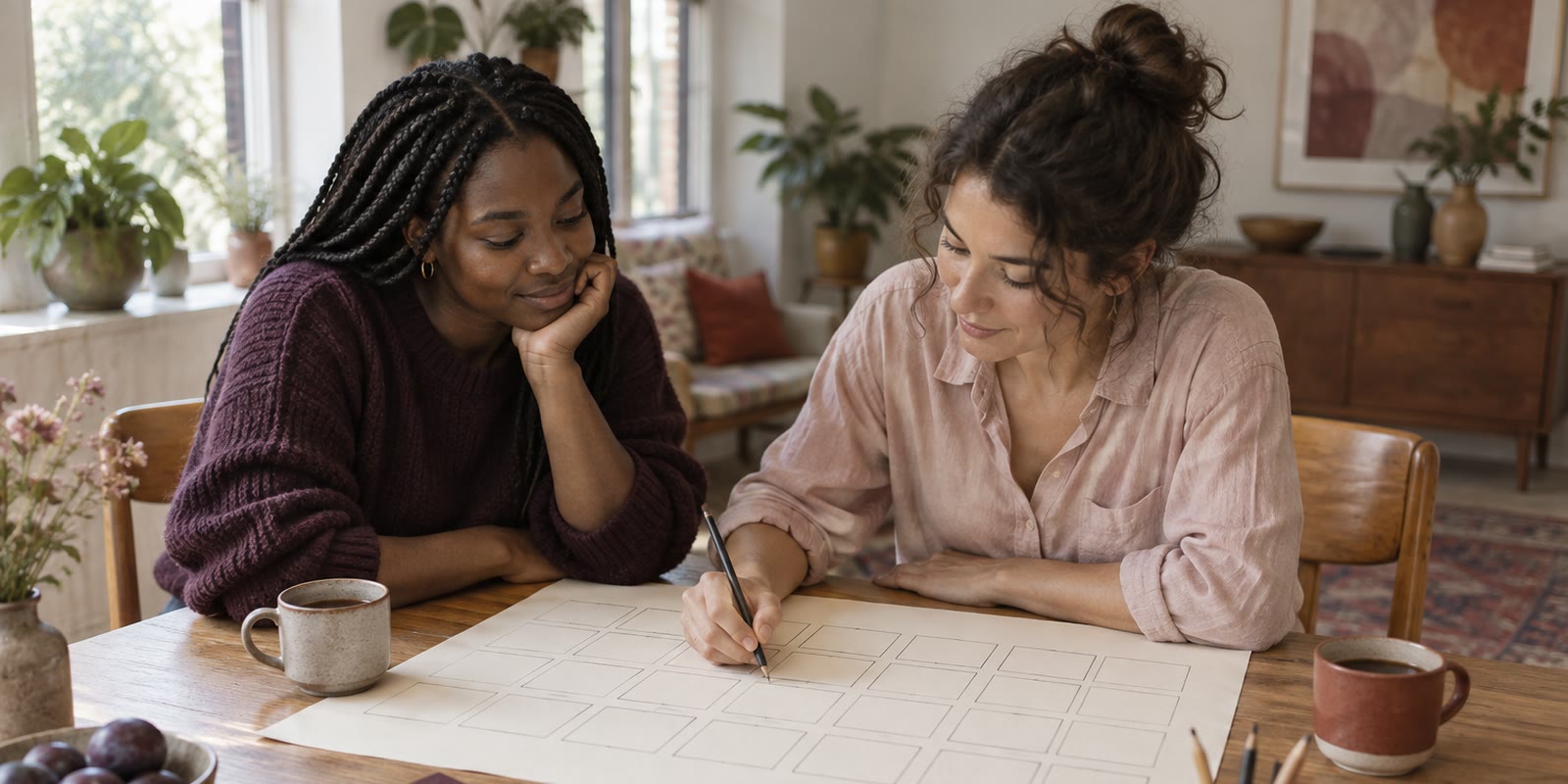 Two colleagues marking a printed planning grid with a pencil