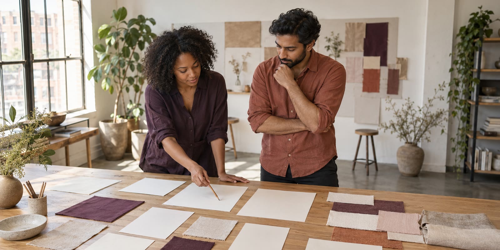 Two people at an oak table laying out printed pages and colour swatches