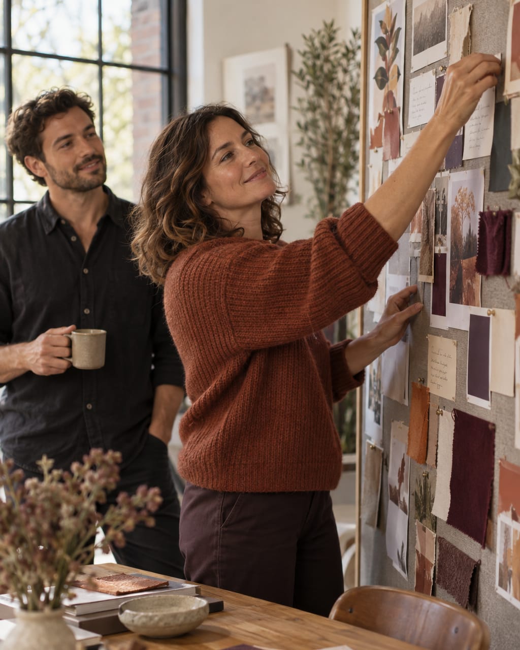 A strategist pins brand cards to a moodboard while a colleague looks on