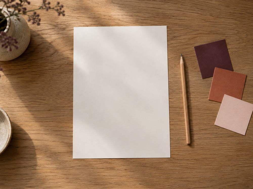 Overhead view of a blank page, a pencil and three colour swatches on an oak desk