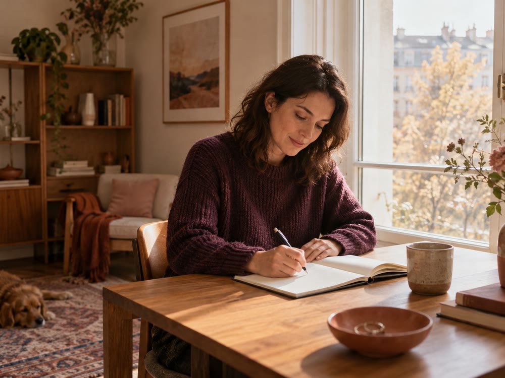 A woman writing in a notebook beside a tall window